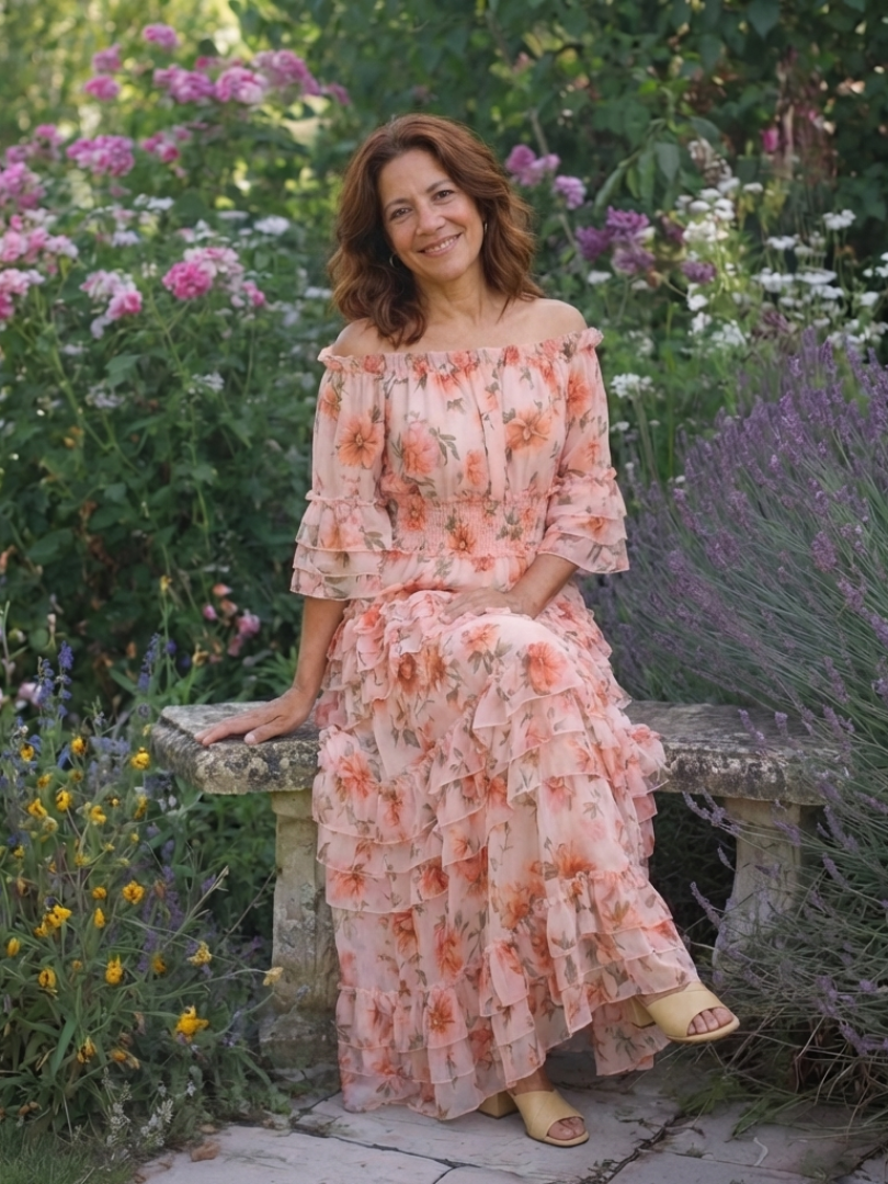 Abito Maxi con Volant Florale Décolleté Rosalie