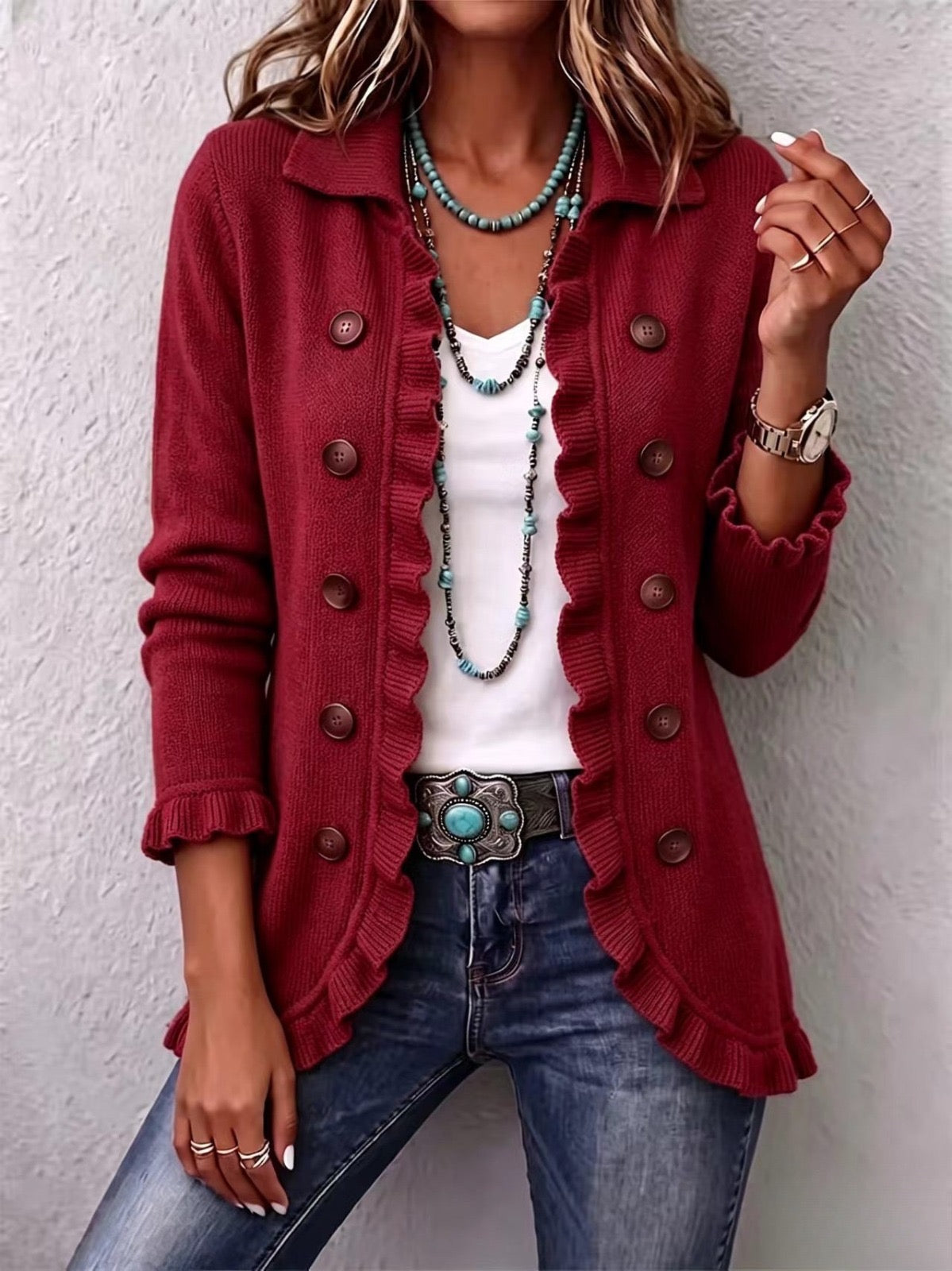 Alessia | Giacca in Maglia Rosso Rubino con Volant