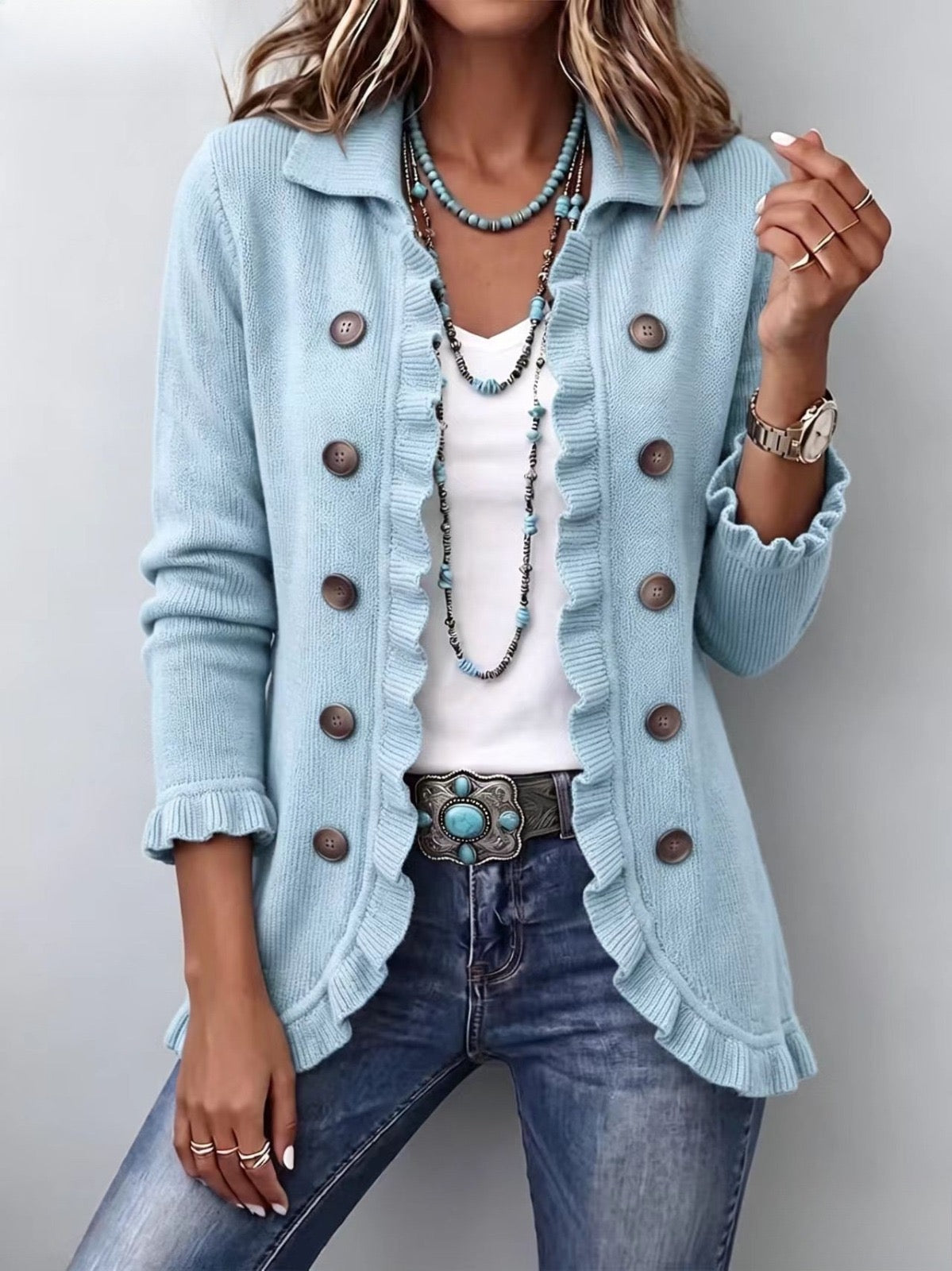 Chiara | Giacca in Maglia Blu Polvere con Volant