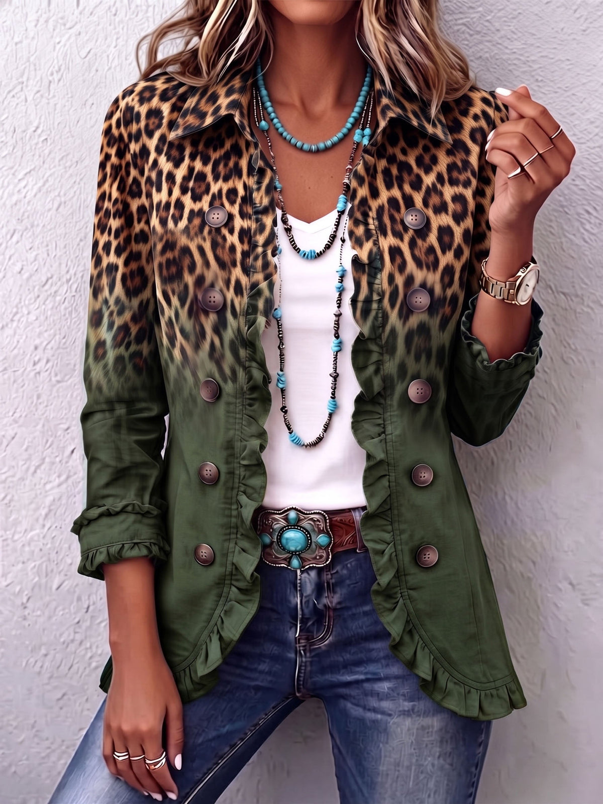 Serena | Blazer Leopardato Verde con Volant