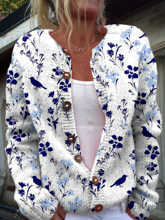 Luisa | Cardigan Boutonné Stampato Fleurs et Oiseaux Vintage