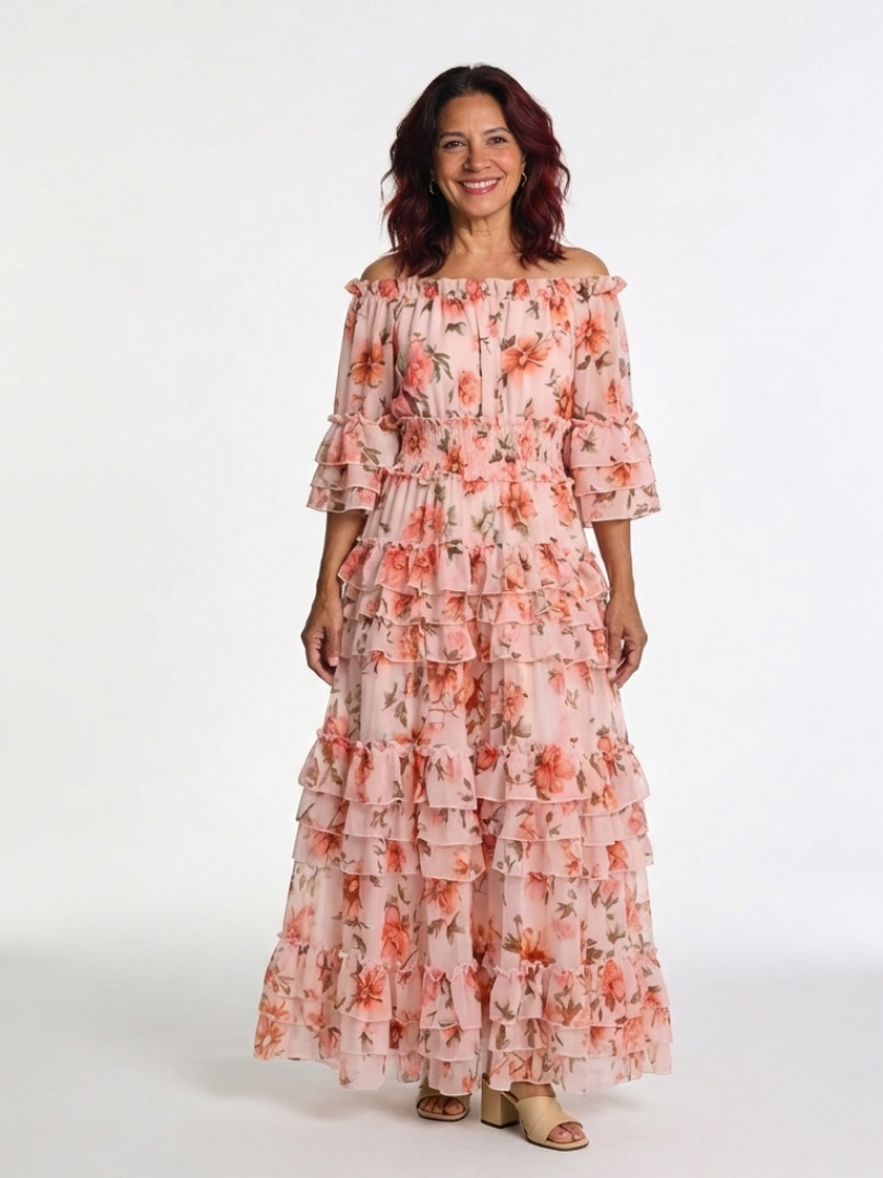 Abito Maxi con Volant Florale Décolleté Rosalie