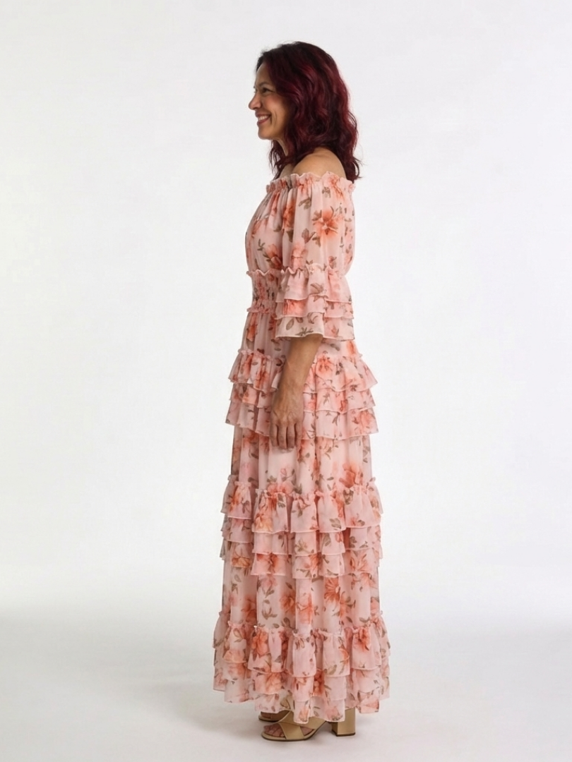 Abito Maxi con Volant Florale Décolleté Rosalie