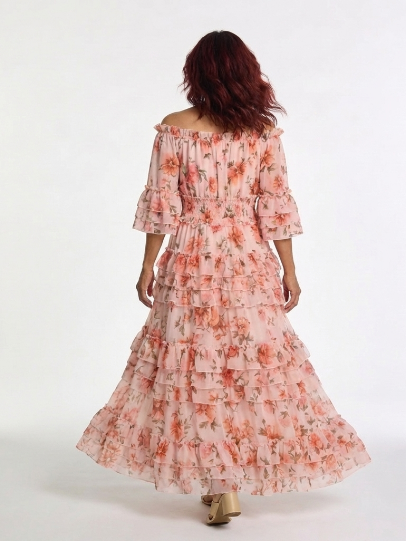 Abito Maxi con Volant Florale Décolleté Rosalie
