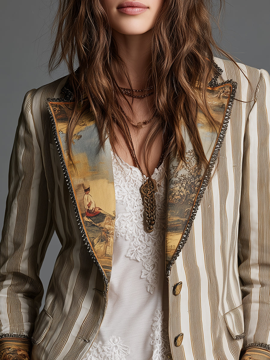 Blazer da Donna con Revers e Stampa a Righe Bohémien