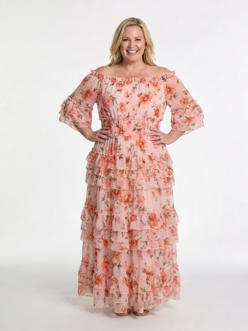 Abito Maxi con Volant Florale Décolleté Rosalie
