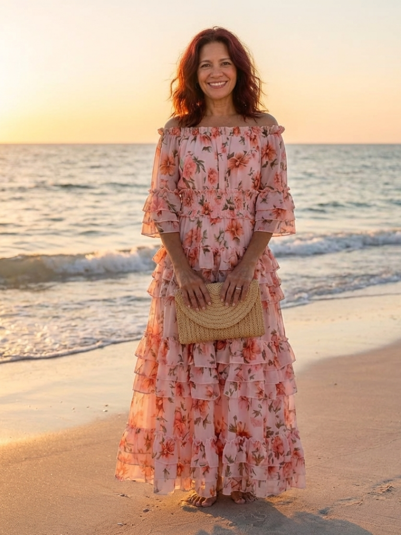 Abito Maxi con Volant Florale Décolleté Rosalie