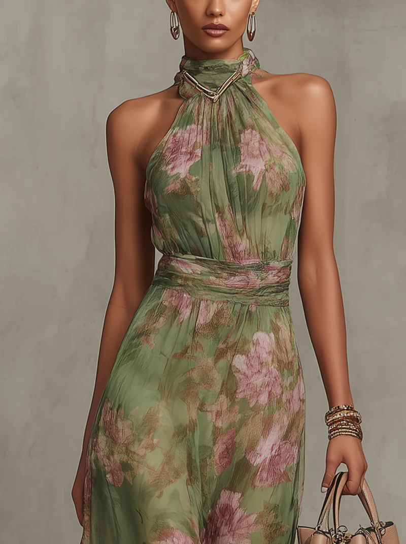 Élodie | Robe Maxi Halter Florale Élégante