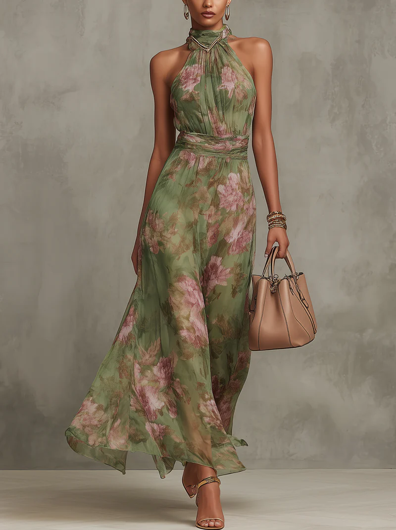 Élodie | Robe Maxi Halter Florale Élégante