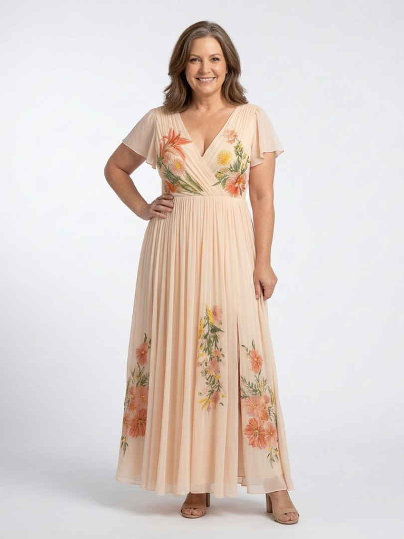 Abito Maxi Florale Plissée à Manches Calista