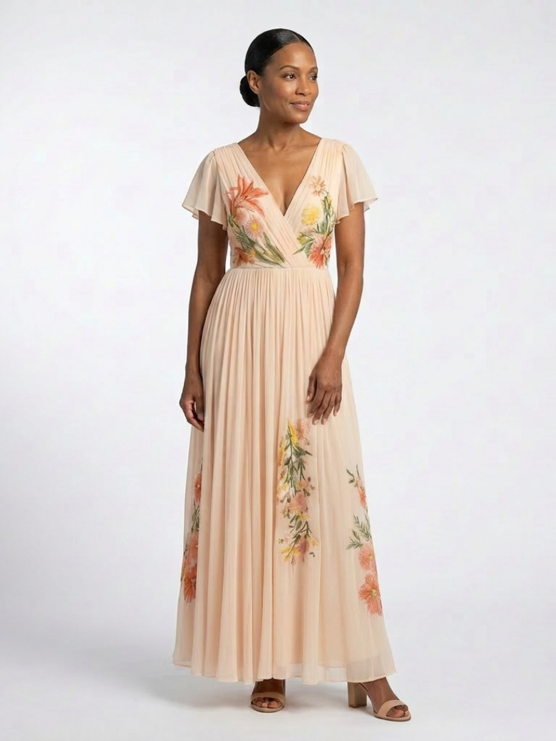 Abito Maxi Florale Plissée à Manches Calista