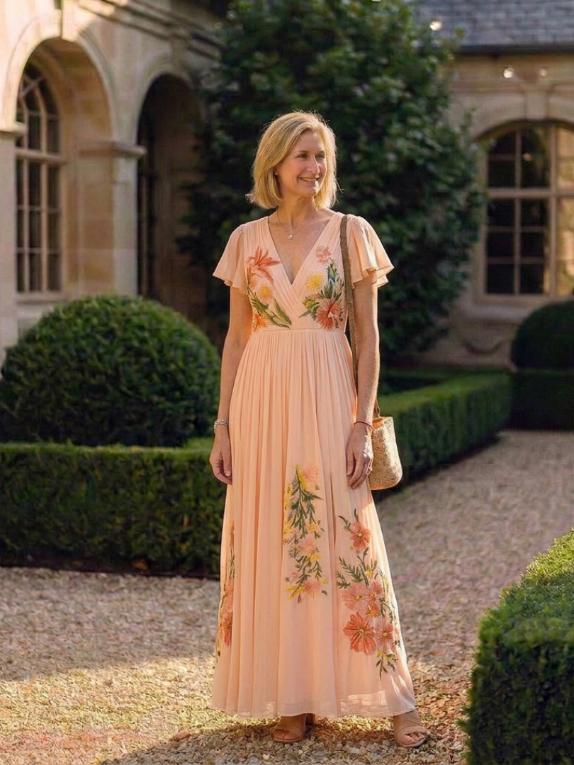 Abito Maxi Florale Plissée à Manches Calista