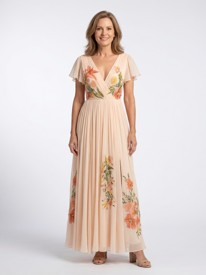 Abito Maxi Florale Plissée à Manches Calista