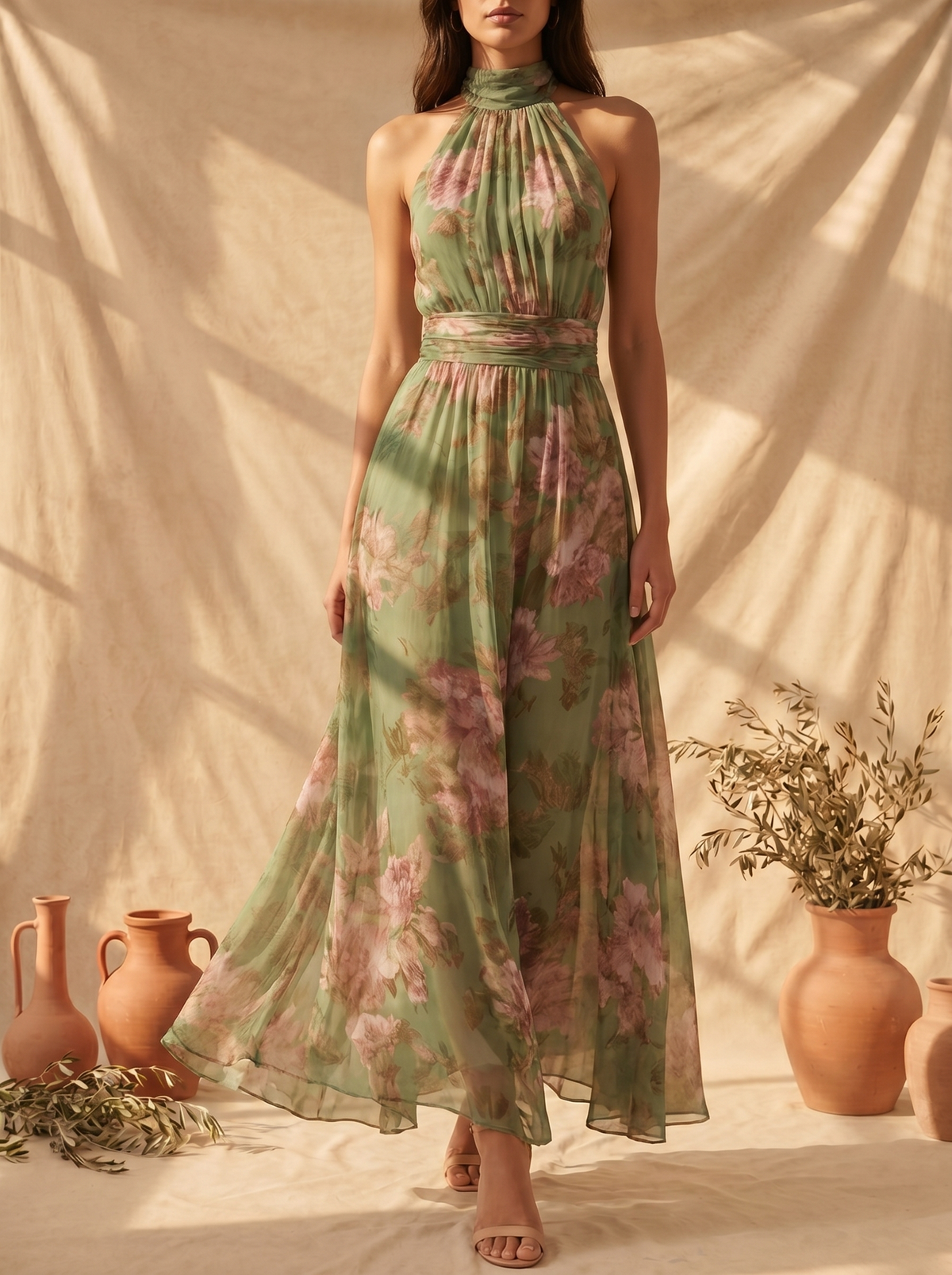 Élodie | Robe Maxi Halter Florale Élégante