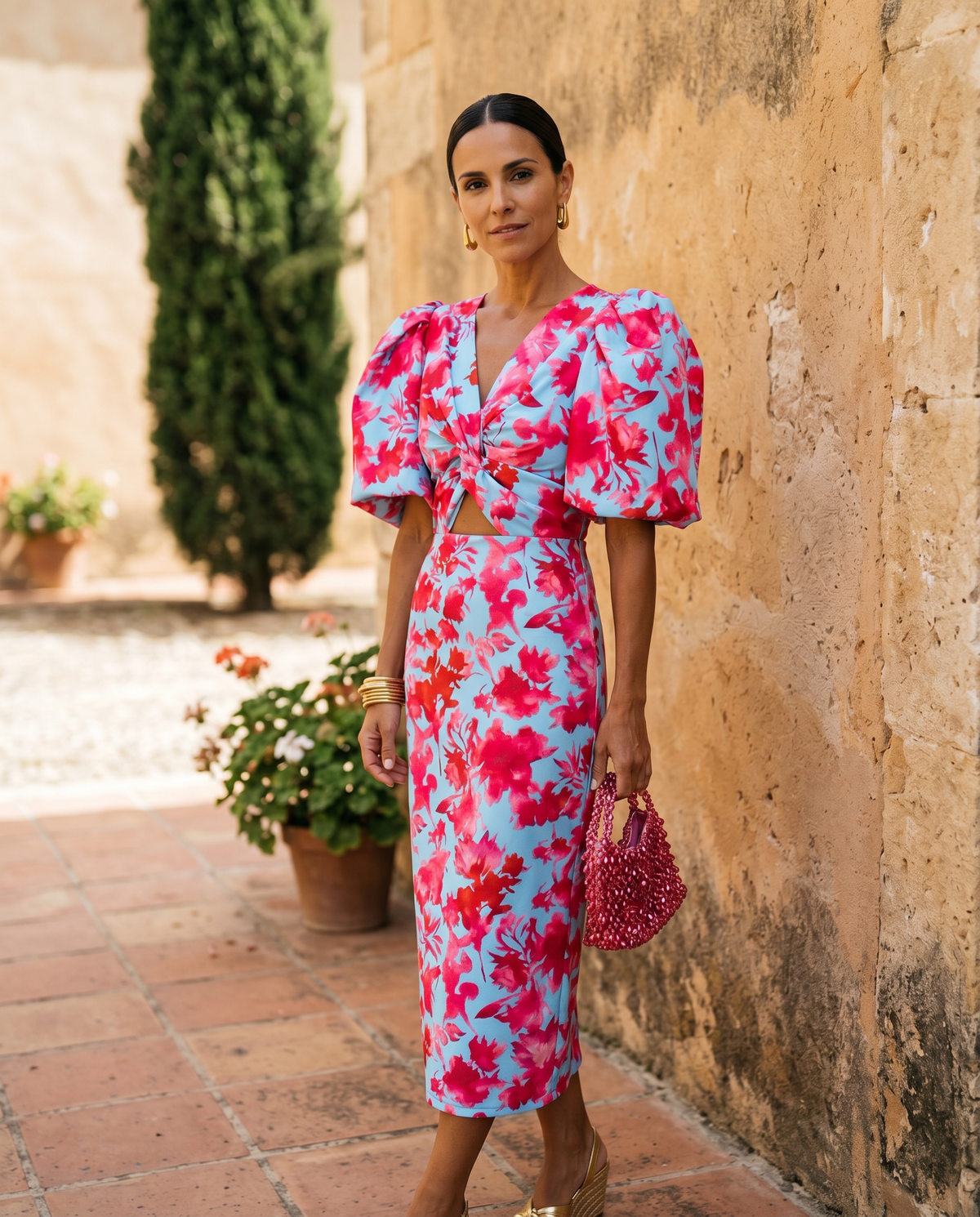 Abito Mi-Lungo Floreale Manches Bouffantes Aveline