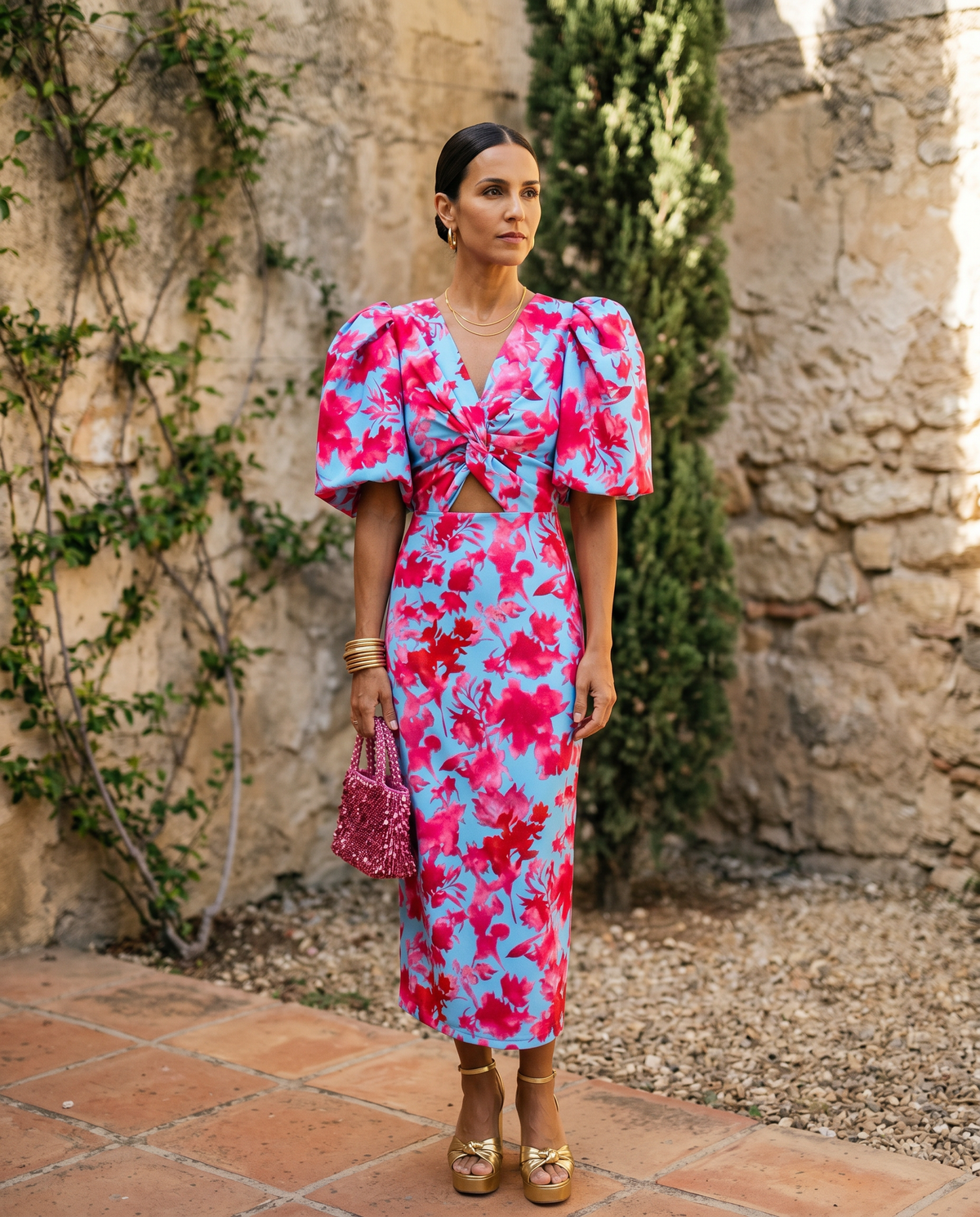 Abito Mi-Lungo Floreale Manches Bouffantes Aveline