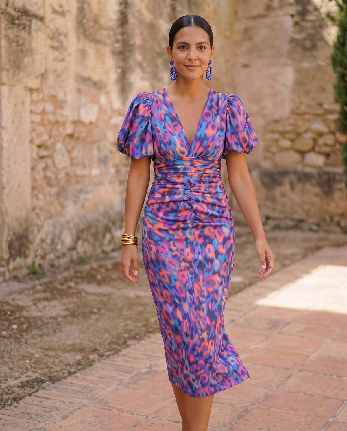 Tiziana | Abito Midi Florale à Manches Bouffantes