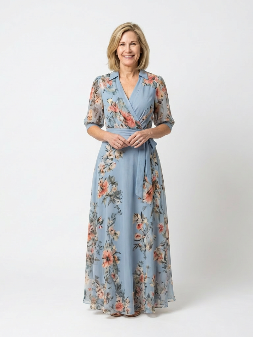 Abito Maxi à Enveloppe à Col en V Floral Camille