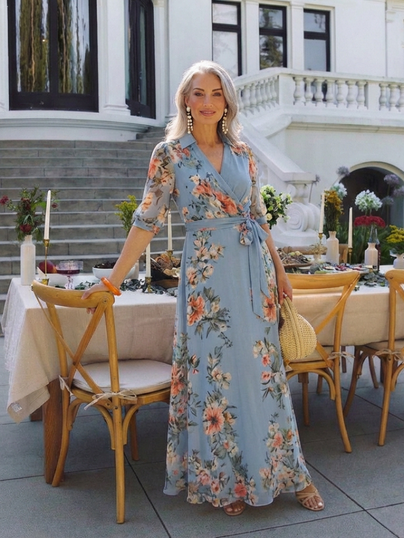 Abito Maxi à Enveloppe à Col en V Floral Camille
