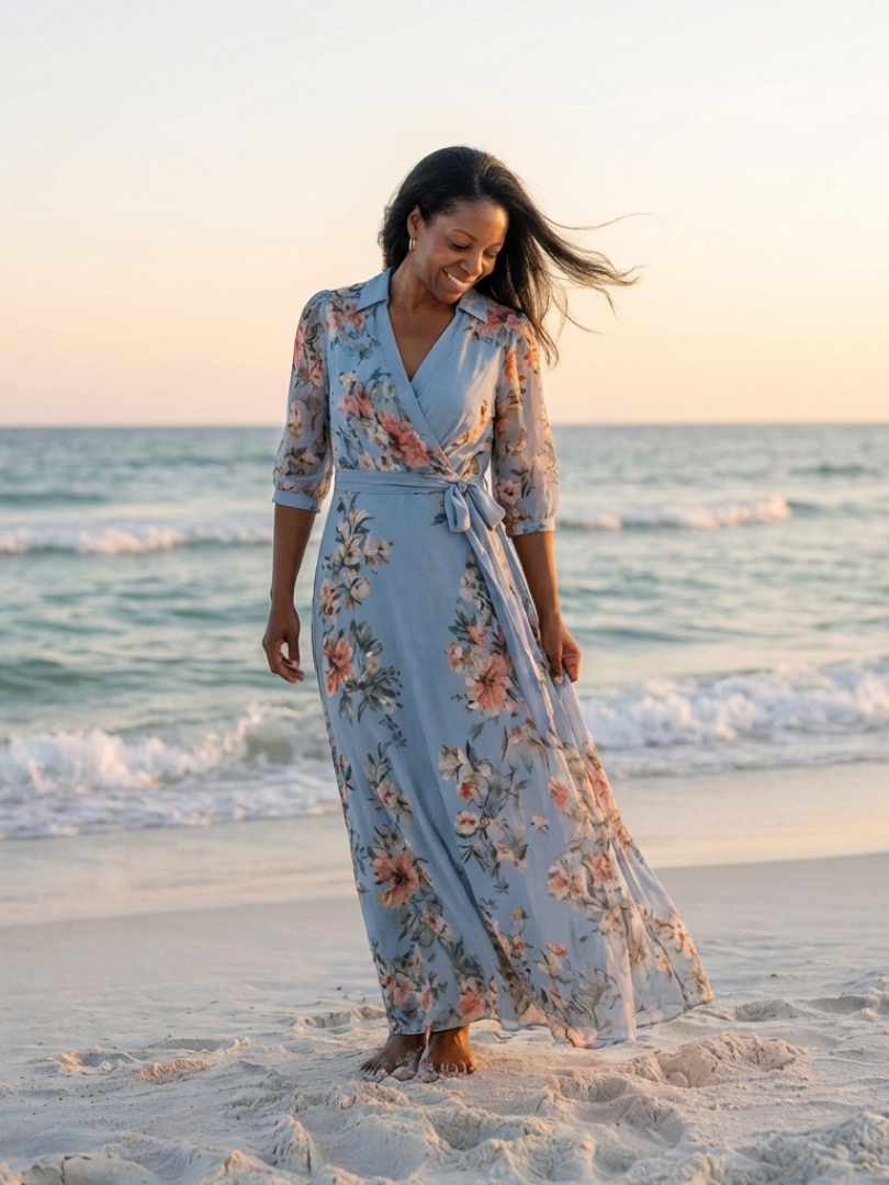 Abito Maxi à Enveloppe à Col en V Floral Camille